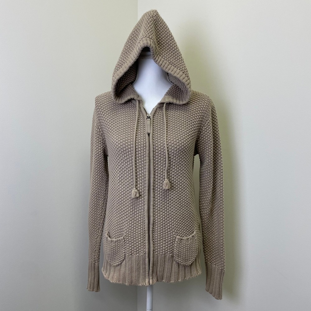 Y2K Old Navy S Tan Popcorn Knit Full Zip Hooded Cotton Sweater Womens